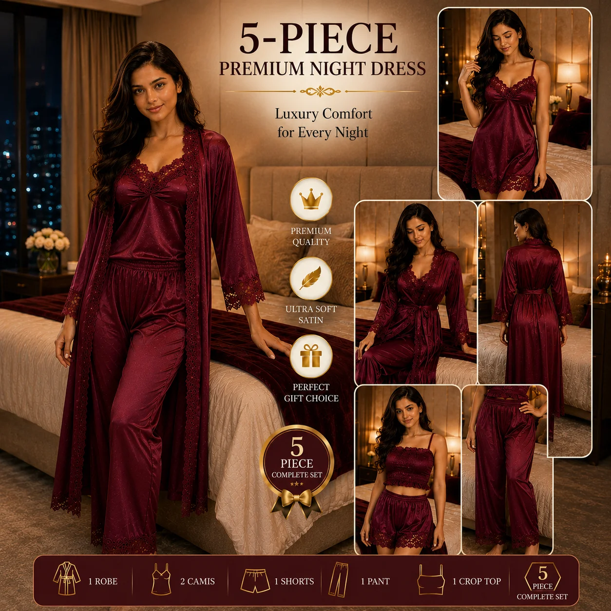 5 Part Premium Nightwear - Maroon Color